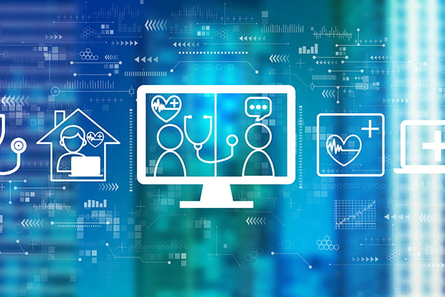 Telehealth theme with downtown skyline buildings in the night