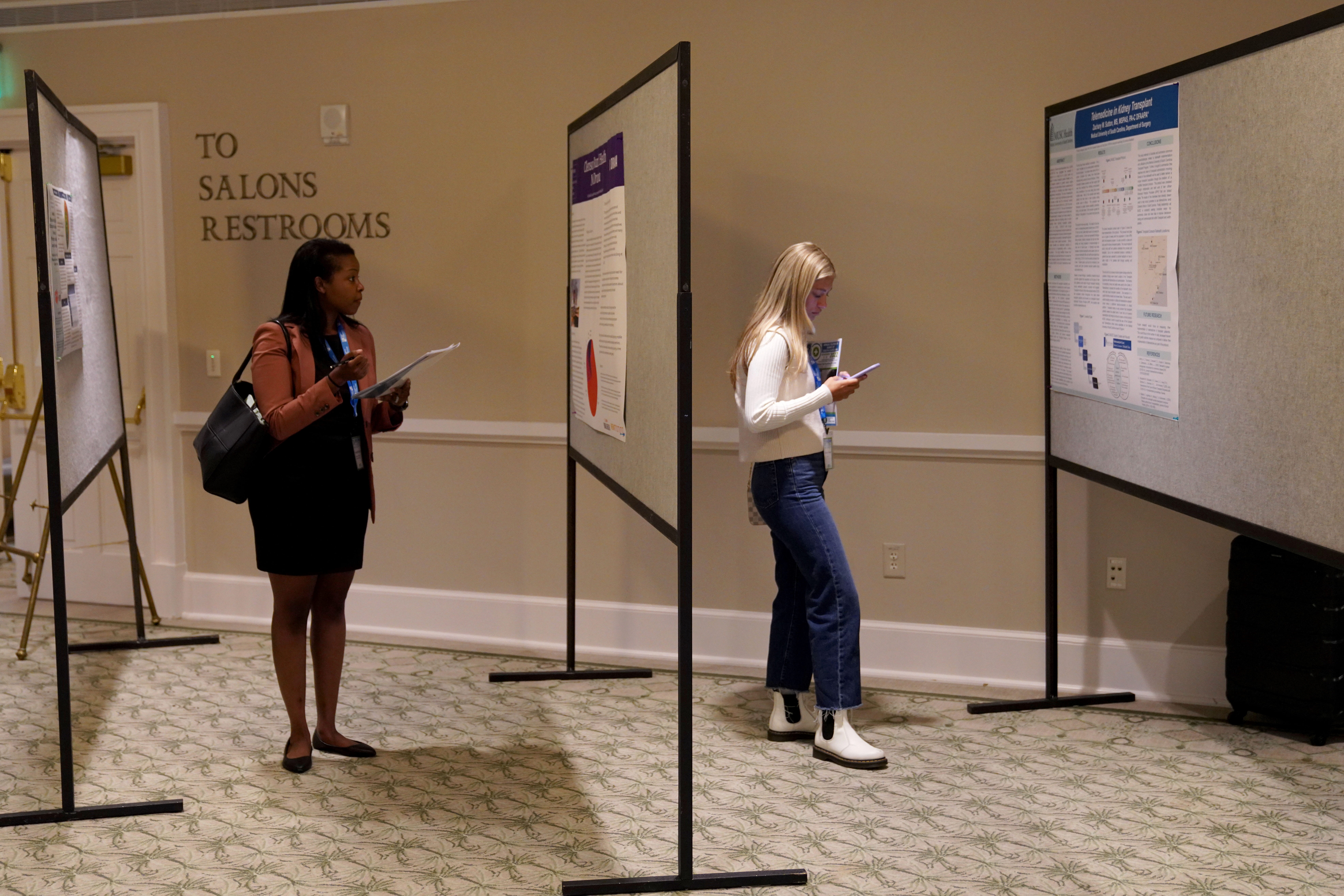 A picture of two women reviewing research posters.