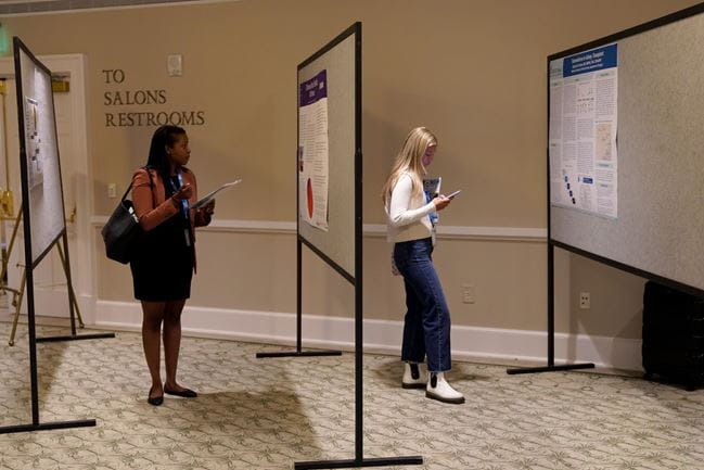A picture of two women reviewing research posters.