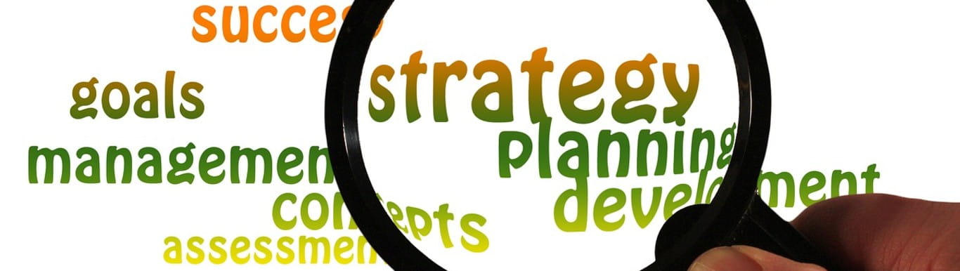 hand holding magnifying glass over words that read: success, goals, strategy, management, planning, concepts, devleopment, assessmentt